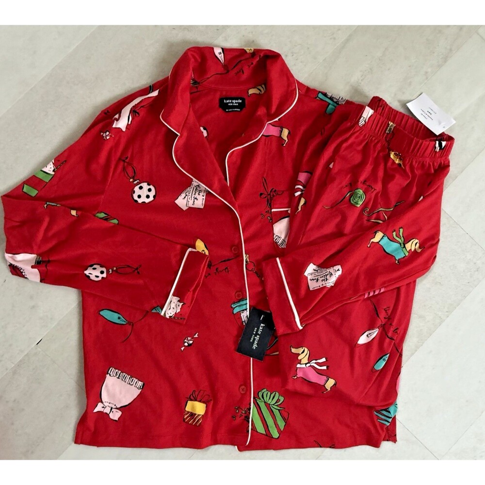 NWT Kate Spade 2 Piece Pajama Set M Elastic Waist Pants Button Down Christmas PJ